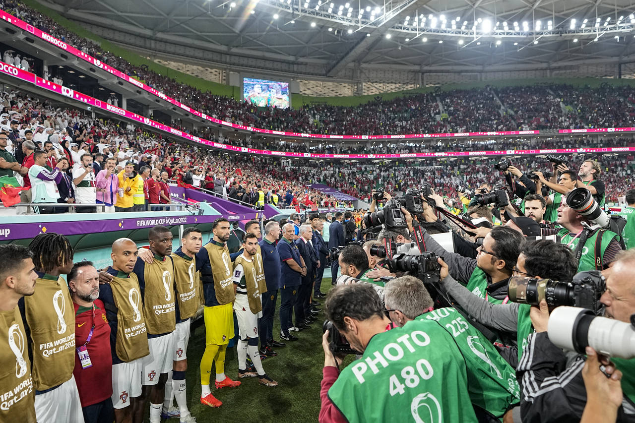 Portugal's Cristiano Ronaldo, center left, prior the World Cup quarterfinal soccer match between Mo...