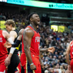 
              New Orleans Pelicans forward Zion Williamson (1) celebrates his and-one opportunity after being fouled on his made shot against the Utah Jazz in the second half during an NBA basketball game Tuesday, Dec. 13, 2022, in Salt Lake City. (AP Photo/Isaac Hale)
            