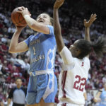 
              North Carolina's Alyssa Ustby (1) shoots over Indiana's Chloe Moore-McNeil (22) during the first half of an NCAA college basketball game, Thursday, Dec. 1, 2022, in Bloomington, Ind. (AP Photo/Darron Cummings)
            