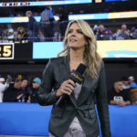 
              NBC Sports sideline reporter Melissa Stark stands on the field at halftime during an NFL football game between the Los Angeles Chargers and the Miami Dolphins on Dec. 11, 2022, in Inglewood, Calif. (AP Photo/Jae C. Hong)
            