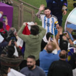 
              Argentina's Lionel Messi waves fans after the World Cup semifinal soccer match between Argentina and Croatia at the Lusail Stadium in Lusail, Qatar, Wednesday, Dec. 14, 2022. Argentina won 3-0. (AP Photo/Thanassis Stavrakis)
            