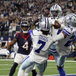 
              Dallas Cowboys safety Israel Mukuamu (24) intercepts a pass infant of Houston Texans wide receiver Phillip Dorsett (4) in the final seconds of their win over Houston Texans in an NFL football game, Sunday, Dec. 11, 2022, in Arlington, Texas. (AP Photo/Michael Ainsworth)
            