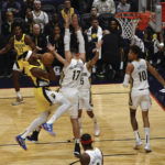
              Indiana Pacers center Myles Turner shoots in the paint against New Orleans Pelicans center Jonas Valanciunas during the first half of an NBA basketball game, Monday, Dec. 26, 2022 in New Orleans. (Aimee Cronan/The Gazebo Gazette via AP)
            
