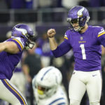 
              Minnesota Vikings place kicker Greg Joseph (1) celebrates after kicking a 40-yard field goal during overtime in an NFL football game against the Indianapolis Colts, Saturday, Dec. 17, 2022, in Minneapolis. The Vikings won 39-36 (AP Photo/Abbie Parr)
            