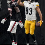 
              Pittsburgh Steelers tight end Connor Heyward (83) celebrates his touchdown against the Atlanta Falcons during the first half of an NFL football game, Sunday, Dec. 4, 2022, in Atlanta. (AP Photo/Brynn Anderson)
            
