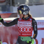 
              Italy's Sofia Goggia reacts after crossing the finish line to complete an alpine ski, women's World Cup downhill race, in St. Moritz, Switzerland, Saturday, Dec. 17, 2022. (AP Photo/Marco Trovati)
            