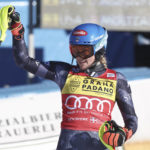 
              United States' Mikaela Shiffrin celebrates taking second place in an alpine ski, women's World Cup slalom, in Sestriere, Italy, Sunday, Dec.11, 2022. (AP Photo/Gabriele Facciotti)
            