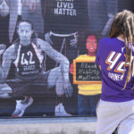 
              Carly Givens of Phoenix shows support for Brittney Griner, Thursday, Dec. 8, 2022, in Phoenix. Griner was released from a Russian prison in a prisoner swap earlier in the day. (AP Photo/Rick Scuteri)
            