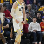 
              Utah Jazz forward Lauri Markkanen reacts after scoring and being fouled during the first half of the team's NBA basketball game against the Golden State Warriors in San Francisco, Wednesday, Dec. 28, 2022. (AP Photo/Jeff Chiu)
            