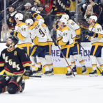 
              The Nashville Predators celebrate a goal against the Vegas Golden Knights during the third period of an NHL hockey game Saturday, Dec. 31, 2022, in Las Vegas. (AP Photo/David Becker)
            