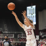 
              Stanford guard Hannah Jump (33) shoots against Arizona State during the first half of an NCAA college basketball game Saturday, Dec. 31, 2022, in Stanford, Calif. (AP Photo/Darren Yamashita)
            