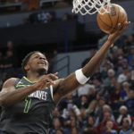 
              Minnesota Timberwolves forward Anthony Edwards goes to the basket against the Oklahoma City Thunder in the first quarter of an NBA basketball game Saturday, Dec. 3, 2022, in Minneapolis. (AP Photo/Bruce Kluckhohn)
            