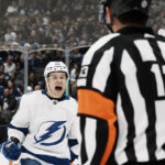 
              Tampa Bay Lightning's Vladislav Namestnikov celebrates after scoring against the Toronto Maple Leafs during the third period of an NHL hockey game, Tuesday, Dec. 20, 2022 in Toronto. (Chris Young/The Canadian Press via AP)
            