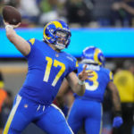 
              Los Angeles Rams quarterback Baker Mayfield passes during the second half of an NFL football game between the Los Angeles Rams and the Denver Broncos on Sunday, Dec. 25, 2022, in Inglewood, Calif. (AP Photo/Jae C. Hong)
            