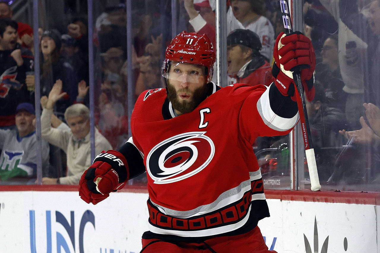 Carolina Hurricanes' Jordan Staal celebrates his goal against the New Jersey Devils during the seco...