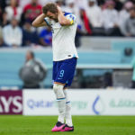
              England's Harry Kane reacts after missing a penalty during the World Cup quarterfinal soccer match between England and France, at the Al Bayt Stadium in Al Khor, Qatar, Saturday, Dec. 10, 2022. (AP Photo/Natacha Pisarenko)
            