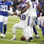 
              Minnesota Vikings wide receiver Justin Jefferson (18) celebrates after catching a pass for a first down during the second half of an NFL football game against the New York Giants, Saturday, Dec. 24, 2022, in Minneapolis. (AP Photo/Bruce Kluckhohn)
            