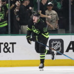 
              Dallas Stars left wing Fredrik Olofsson (42) celebrates after his goal against the San Jose Sharks during the second period of an NHL hockey game in Dallas, Saturday, Dec. 31, 2022. (AP Photo/Michael Ainsworth)
            