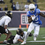 
              Duke wide receiver Sahmir Hagans runs with the ball after making a catch during the second half of the Military Bowl NCAA college football game against UCF, Wednesday, Dec. 28, 2022, in Annapolis, Md. (AP Photo/Terrance Williams)
            