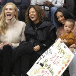 
              Michelle Bain-Brink, left, mother of Stanford forward Cameron Brink; Sonya Curry, center, mother of Golden State Warriors guard Stephen Curry; and Sydel Curry-Lee, wife of Phoenix Suns guard Damion Lee, with son Daxon, sit courtside before an NCAA college basketball game between Stanford and Arizona State on Saturday, Dec. 31, 2022 in Stanford, Calif. (AP Photo/Darren Yamashita)
            
