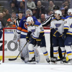 
              St. Louis Blues center Ryan O'Reilly (90) skates away after scoring a goal past New York Islanders goaltender Ilya Sorokin during the second period of an NHL hockey game Tuesday, Dec. 6, 2022, in Elmont, N.Y. (AP Photo/Adam Hunger)
            