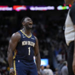 
              New Orleans Pelicans forward Zion Williamson (1) reacts in the second half of an NBA basketball game against the Minnesota Timberwolves in New Orleans, Wednesday, Dec. 28, 2022. Williamson had a career high 43 points and the Pelicans won 119-118. (AP Photo/Gerald Herbert)
            
