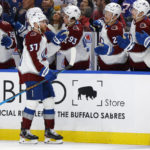 
              Colorado Avalanche left wing J.T. Compher (37) celebrates after his goal during the first period of an NHL hockey game against the Buffalo Sabres, Thursday, Dec. 1, 2022, in Buffalo, N.Y. (AP Photo/Jeffrey T. Barnes)
            