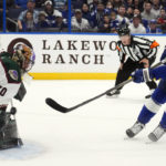 
              Tampa Bay Lightning left wing Alex Killorn (17) scores past Arizona Coyotes goaltender Karel Vejmelka (70) during the second period of an NHL hockey game Saturday, Dec. 31, 2022, in Tampa, Fla. (AP Photo/Chris O'Meara)
            