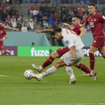 
              Switzerland's Ricardo Rodriguez attempts a goal during the World Cup group G soccer match between Serbia and Switzerland, at the Stadium 974 in Doha, Qatar, Friday, Dec. 2, 2022. (AP Photo/Martin Meissner)
            