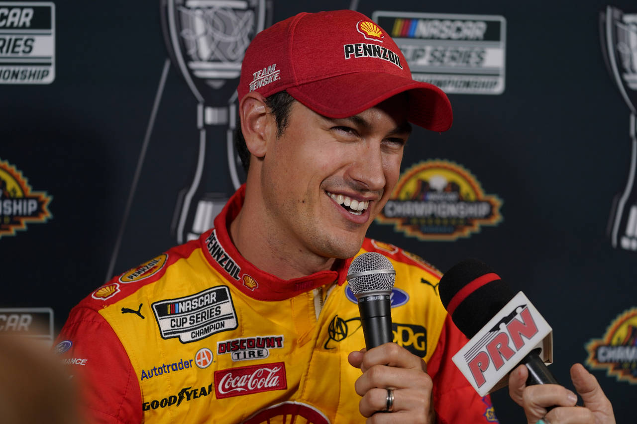FILE - NASCAR Cup Series driver Joey Logano speaks during the NASCAR Championship media day, Thursd...