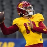 
              Southern California quarterback Caleb Williams (13) practices ahead of the Cotton Bowl NCAA college football game against Tulane, Thursday, Dec. 29, 2022, in Arlington, Texas. The Cotton Bowl is scheduled for Monday, Jan. 2, 2023. (AP Photo/Sam Hodde)
            