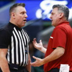 
              Washington State head coach Kyle Smith argues a call during the second half of an NCAA college basketball game against Baylor on Sunday, Dec. 18, 2022, in Dallas. Baylor won 65-59. (AP Photo/Brandon Wade)
            