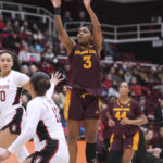 
              Arizona State guard Tyi Skinner (3) shoots over Stanford guard Talana Lepolo, front, during the first half of an NCAA college basketball game Saturday, Dec. 31, 2022, in Stanford, Calif. (AP Photo/Darren Yamashita)
            