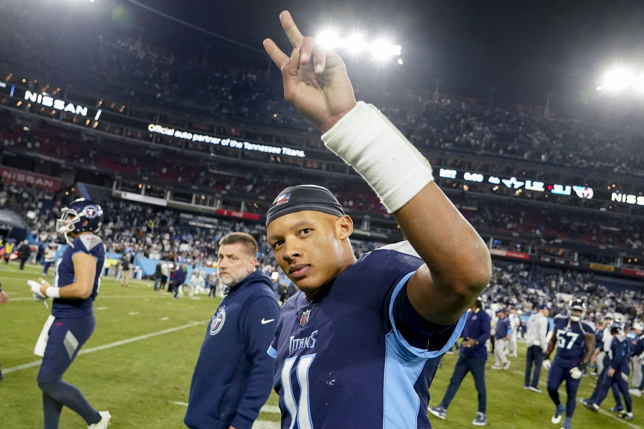 Tennessee Titans quarterback Joshua Dobbs (11) leaves the field after an NFL football game between ...