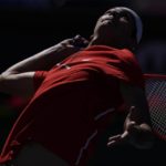 
              Taylor Fritz serves to Jaume Munar of Spain, at the BNP Paribas Open tennis tournament Tuesday, March 15, 2022, in Indian Wells, Calif. (AP Photo/Marcio Jose Sanchez)
            