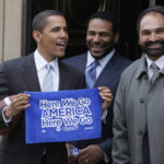 
              FILE - Democratic presidential hopeful Sen. Barack Obama D-Ill., from left, accompanied by former Pittsburgh Steelers NFL football players Jerome Bettis and Franco Harris, holds up a towel as they leave the Soldiers and Sailors Museum and Memorial in Pittsburgh, Pa., on March 28, 2008. Harris died on Wednesday morning, Dec. 21, 2022, at age 72, just two days before the 50th anniversary of The Immaculate Reception. (AP Photo/Alex Brandon, File)
            