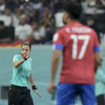 
              Referee Stephanie Frappart blows the whistle during the World Cup group E soccer match between Costa Rica and Germany at the Al Bayt Stadium in Al Khor , Qatar, Thursday, Dec. 1, 2022. (AP Photo/Hassan Ammar)
            