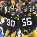 
              Pittsburgh Steelers linebacker Alex Highsmith (56) celebrates after a sack during the second half of an NFL football game against the Las Vegas Raiders in Pittsburgh, Saturday, Dec. 24, 2022. (AP Photo/Fred Vuich)
            