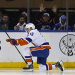 
              New York Islanders center Mathew Barzal celebrates his goal during the second period of the team's NHL hockey game against the New York Rangers on Thursday, Dec. 22, 2022, in New York. (AP Photo/John Munson)
            