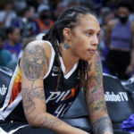 
              FILE - Phoenix Mercury center Brittney Griner sits during the first half of Game 2 of basketball's WNBA Finals against the Chicago Sky, Wednesday, Oct. 13, 2021, in Phoenix. Russia has freed WNBA star Brittney Griner in a dramatic high-level prisoner exchange, with the U.S. releasing notorious Russian arms dealer Viktor Bout. (AP Photo/Rick Scuteri, File)
            