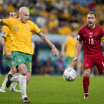 
              Denmark's Christian Eriksen, right, is challenged by Australia's Aaron Mooy during the World Cup group D soccer match between Australia and Denmark, at the Al Janoub Stadium in Al Wakrah, Qatar, Wednesday, Nov. 30, 2022. (AP Photo/Aijaz Rahi)
            