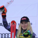 
              The winner United States' Mikaela Shiffrin celebrates after completing an alpine ski, women's World Cup giant slalom, in Semmering, Austria, Tuesday, Dec. 27, 2022. (AP Photo/Giovanni Auletta)
            