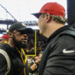 
              Pittsburgh Steelers head coach Mike Tomlin speaks with Atlanta Falcons head coach Arthur Smith after an NFL football game, Sunday, Dec. 4, 2022, in Atlanta. The Pittsburgh Steelers won 19-16. (AP Photo/Brynn Anderson)
            