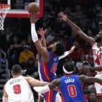 
              Detroit Pistons forward Saddiq Bey (41) shoots against the Chicago Bulls during the first half of an NBA basketball game in Chicago, Friday, Dec. 30, 2022. (AP Photo/Nam Y. Huh)
            