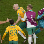 
              Australia's players celebrate their 1-0 victory at the end of the World Cup group D soccer match between Australia and Denmark, at the Al Janoub Stadium in Al Wakrah, Qatar, Wednesday, Nov. 30, 2022. (AP Photo/Themba Hadebe)
            