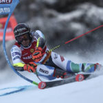 
              Slovenia's Zan Kranjec speeds down the course during an alpine ski, men's World Cup giant slalom, in Alta Badia, Italy, Sunday, Dec. 18, 2022. (AP Photo/Gabriele Facciotti)
            