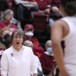 
              Stanford head coach Tara Vanderveer yells out to guard Talana Lepolo (10) during the first half against Gonzaga in a NCAA college basketball game in Stanford, Calif., Sunday, Dec. 4, 2022. (AP Photo/Tony Avelar)
            