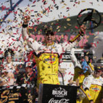 
              FILE - Joey Logano celebrates after winning a NASCAR Cup Series auto race on Oct. 16, 2022, in Las Vegas. The most meticulously designed and intently controlled racecar in NASCAR history leveled the field in 2022. The so-called Next Gen car resulted in 19 different winners over 36 races and laded two guys their first shot at a championship in the season finale. (AP Photo/John Locher, File)
            