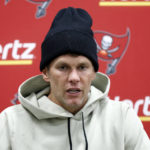 
              Tampa Bay Buccaneers quarterback Tom Brady meets with reporters after the team's NFL football game against the Cleveland Browns in Cleveland, Sunday, Nov. 27, 2022. The Browns won 23-17 in overtime. (AP Photo/Ron Schwane)
            
