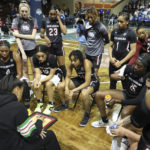 
              South Carolina head coach Dawn Staley draws up a play for her team during the first half of an NCAA college basketball game against South Dakota State, in Sioux Fall, S.D. on Thursday, Dec. 15, 2022. (AP Photo/Josh Jurgens)
            